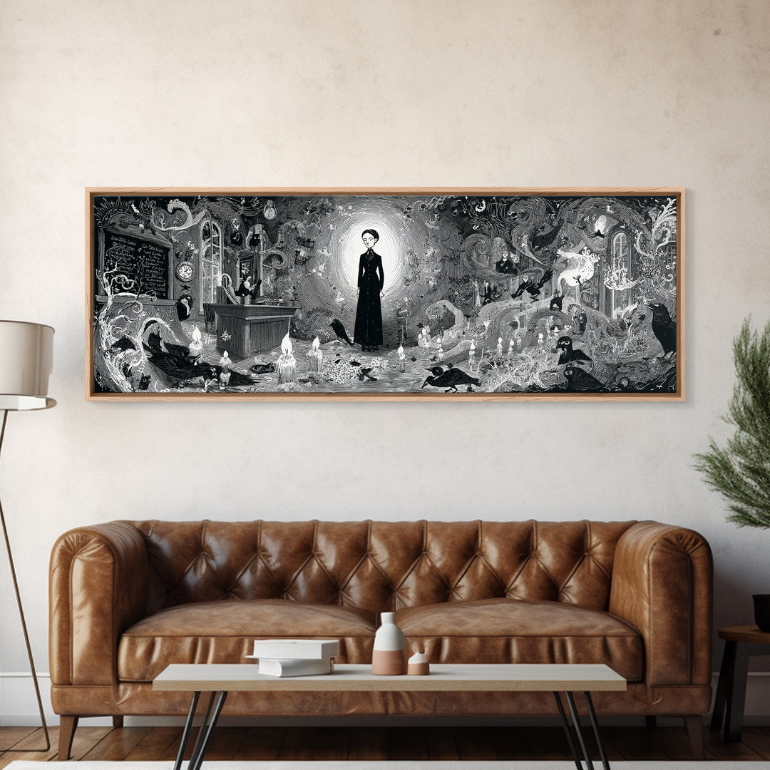 The Silent Schoolhouse, Decadent Line Art, Extra Wide Wall Art, Macabre Wall Art, Canvas Print, Halloween Wall Art