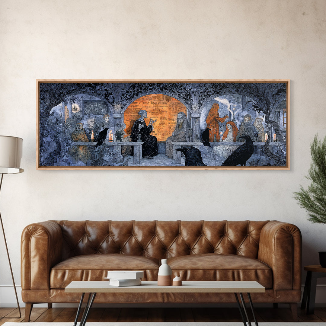 The Silent Schoolhouse, Stained Glass Gothic Art, Extra Wide Wall Art, Dark Fantasy Wall Art, Framed Canvas Print, Halloween Wall Art