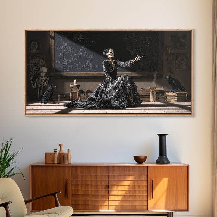 The Silent Schoolhouse, Macabre Folk Print Art, Wide Panoramic Art, Dark Halloween Decor, Framed Canvas Print, Macabre Wall Art