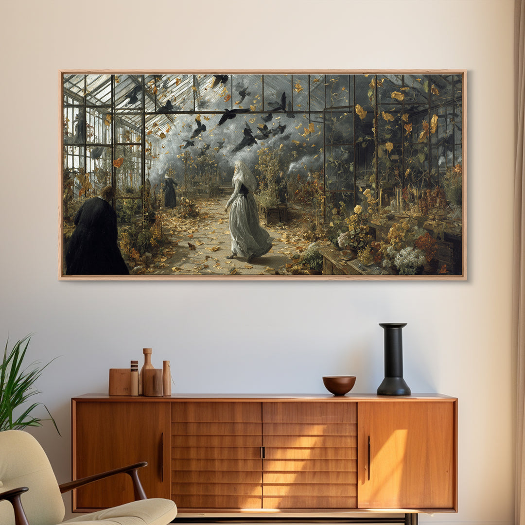 The Cemetery Greenhouse, Northern Renaissance Horror, Wide Panoramic Art, Dark Halloween Decor, Framed Canvas Print