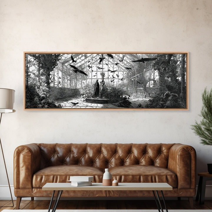 The Cemetery Greenhouse, Renaissance Engraving Art, Extra Wide Wall Art, Dark Fantasy Wall Art, Canvas Print, Halloween Wall Art