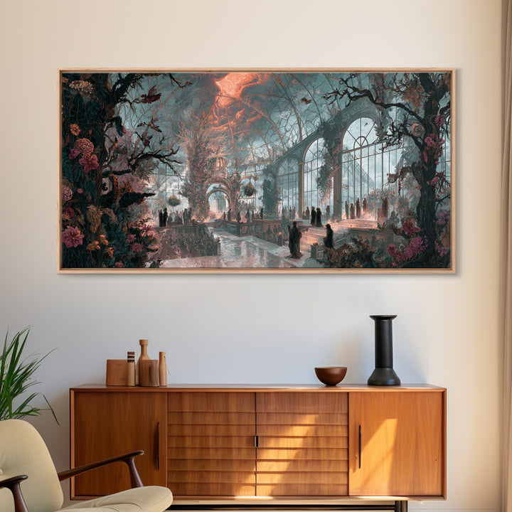 The Cemetery Greenhouse, Apocalyptic Romantic Art, Wide Panoramic Art, Macabre Wall Art, Canvas Print, Halloween Wall Art