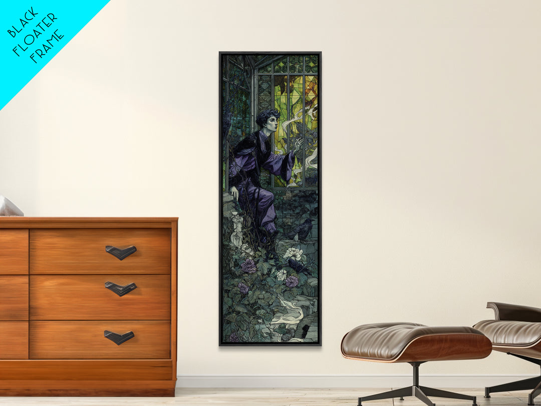 The Cemetery Greenhouse, Stained Glass Gothic Art, Tall Narrow Wall Art, Dark Halloween Decor, Framed Canvas Print, Halloween Wall Art