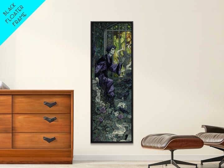 The Cemetery Greenhouse, Stained Glass Gothic Art, Tall Narrow Wall Art, Dark Halloween Decor, Framed Canvas Print, Halloween Wall Art