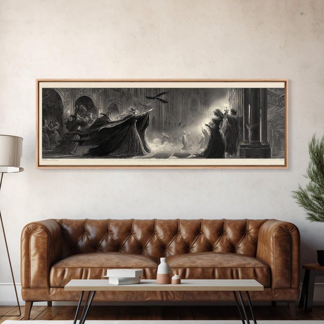 The Midnight Masquerade, Gothic Engraving Art, Extra Wide Wall Art, Dark Fantasy Wall Art, Canvas Print, Halloween Wall Art