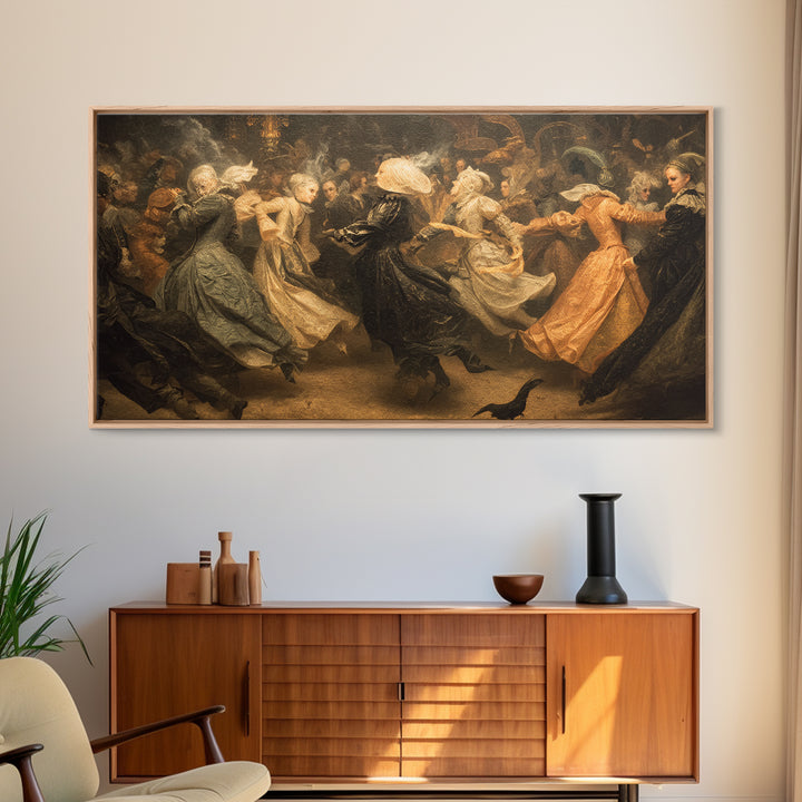 The Midnight Masquerade, Medieval Grotesque Art, Wide Panoramic Art, Gothic Horror Wall Art, Framed Canvas Print, Halloween Wall Art