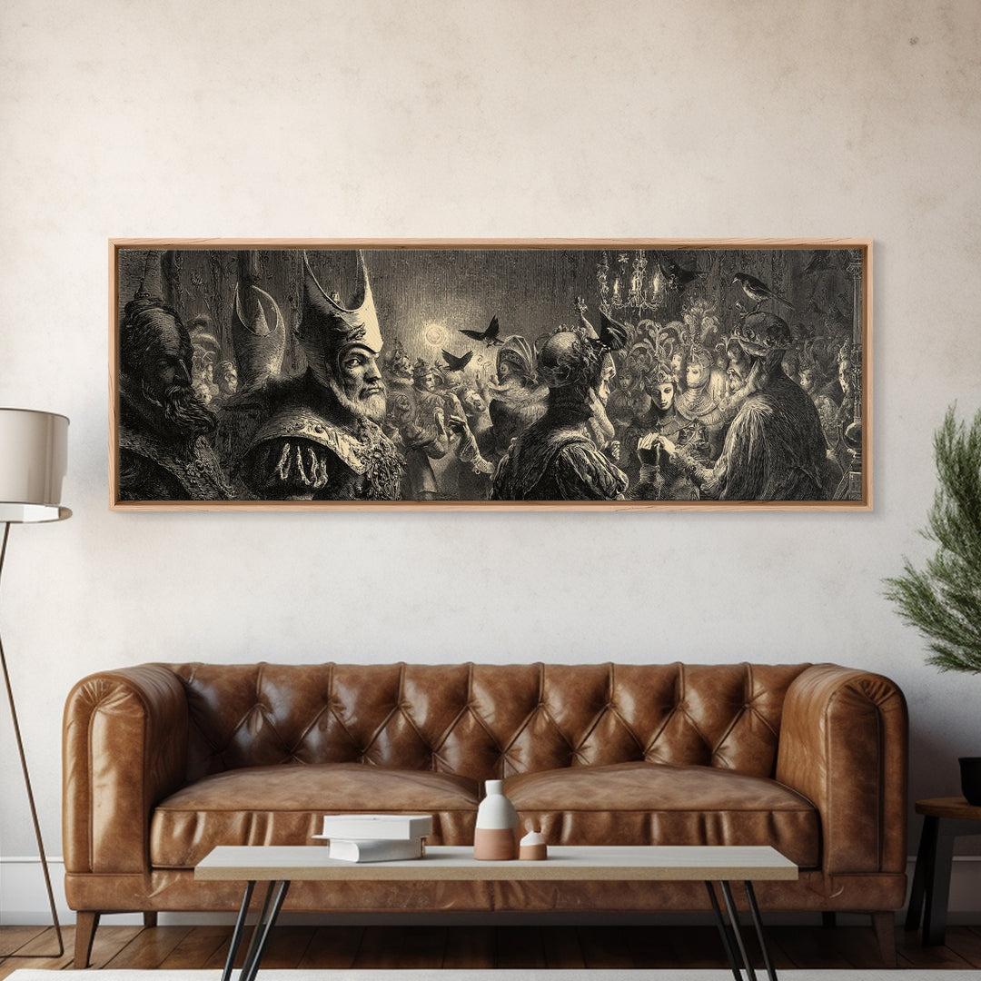 The Midnight Masquerade, Renaissance Engraving Art, Extra Wide Wall Art, Dark Fantasy Wall Art, Framed Canvas Print, Halloween Wall Art