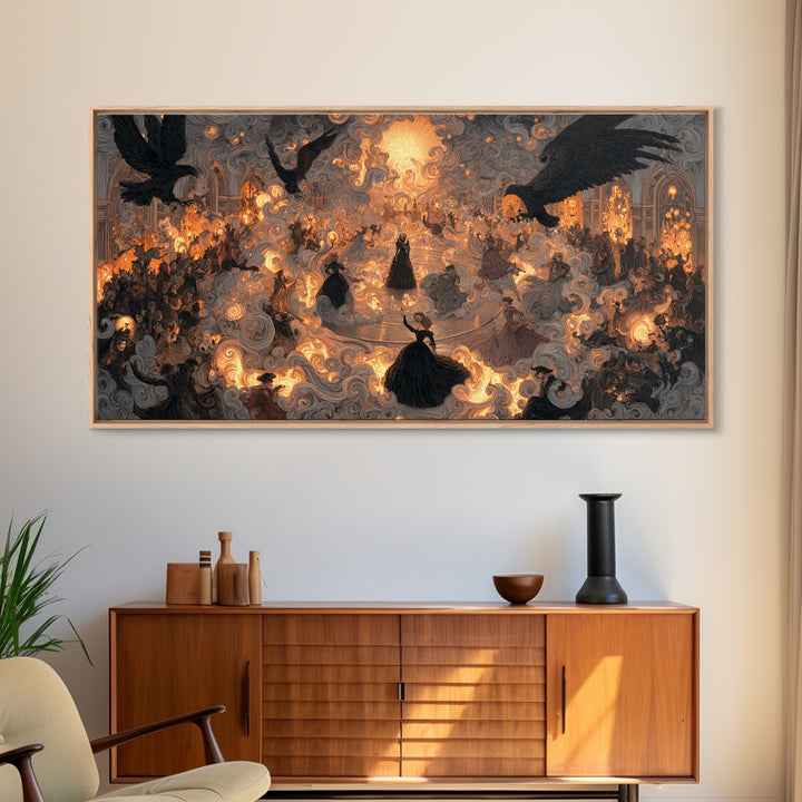 The Midnight Masquerade, Visionary Gothic Art, Wide Panoramic Art, Gothic Horror Wall Art, Framed Canvas Print, Halloween Wall Art