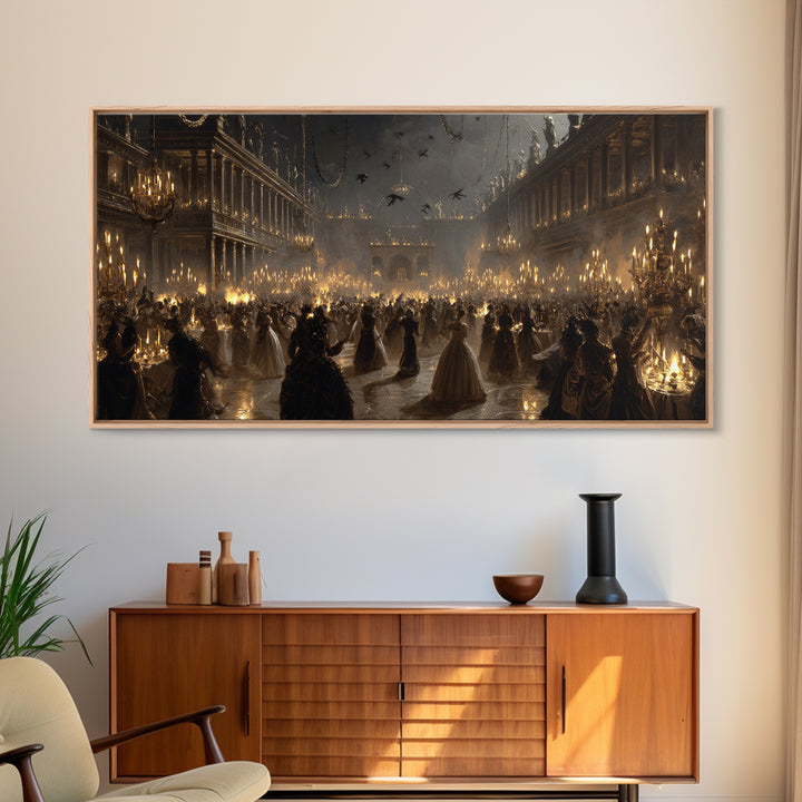The Midnight Masquerade, Architectural Etching Art, Wide Panoramic Art, Macabre Wall Art, Canvas Print, Halloween Wall Art