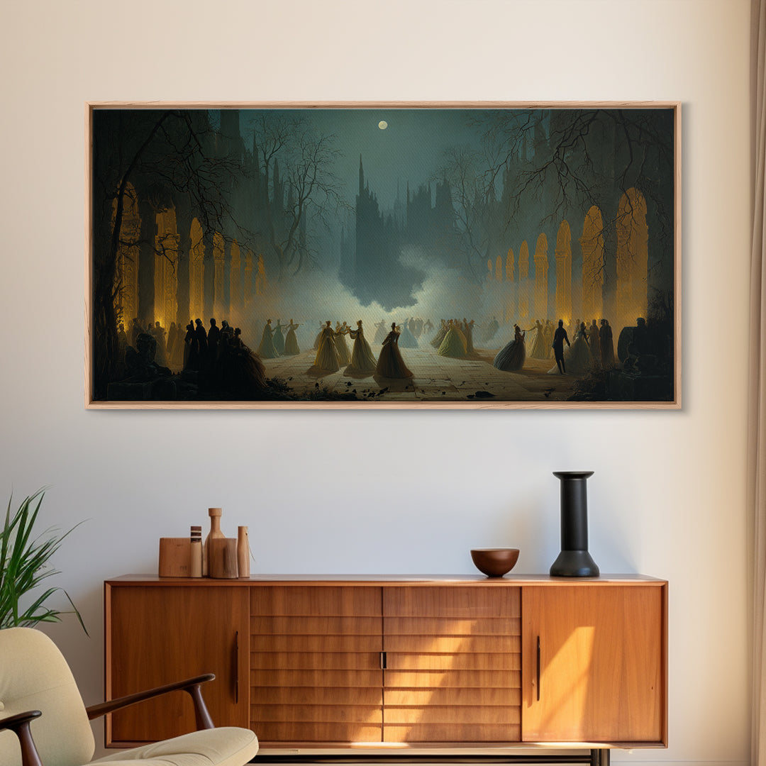 The Midnight Masquerade, Romantic Gothic Landscape, Wide Panoramic Art, Dark Fantasy Wall Art, Canvas Print, Halloween Wall Art