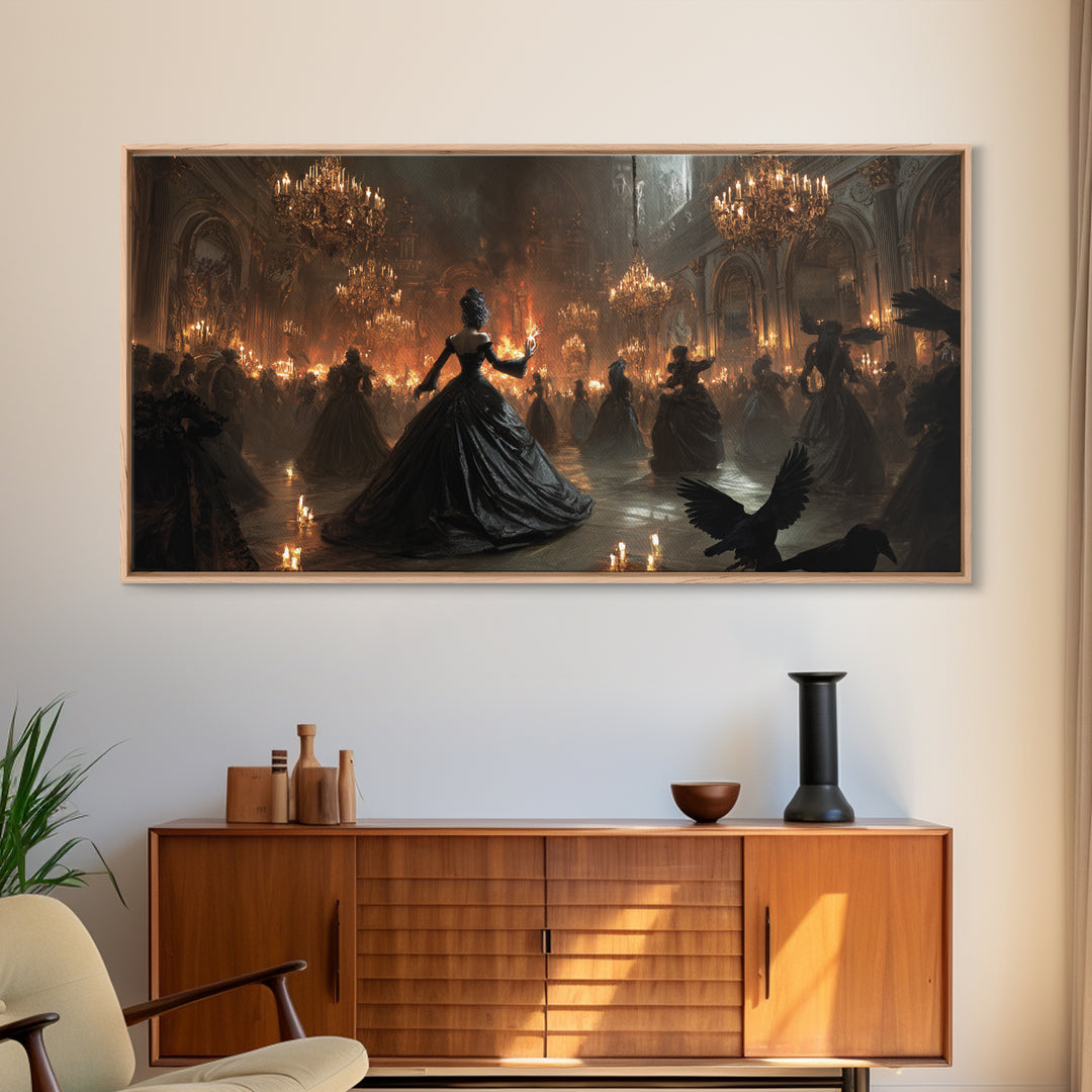 The Midnight Masquerade, Apocalyptic Romantic Art, Wide Panoramic Art, Gothic Horror Wall Art, Framed Canvas Print, Halloween Wall Art