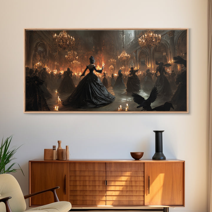 The Midnight Masquerade, Apocalyptic Romantic Art, Wide Panoramic Art, Gothic Horror Wall Art, Framed Canvas Print, Halloween Wall Art