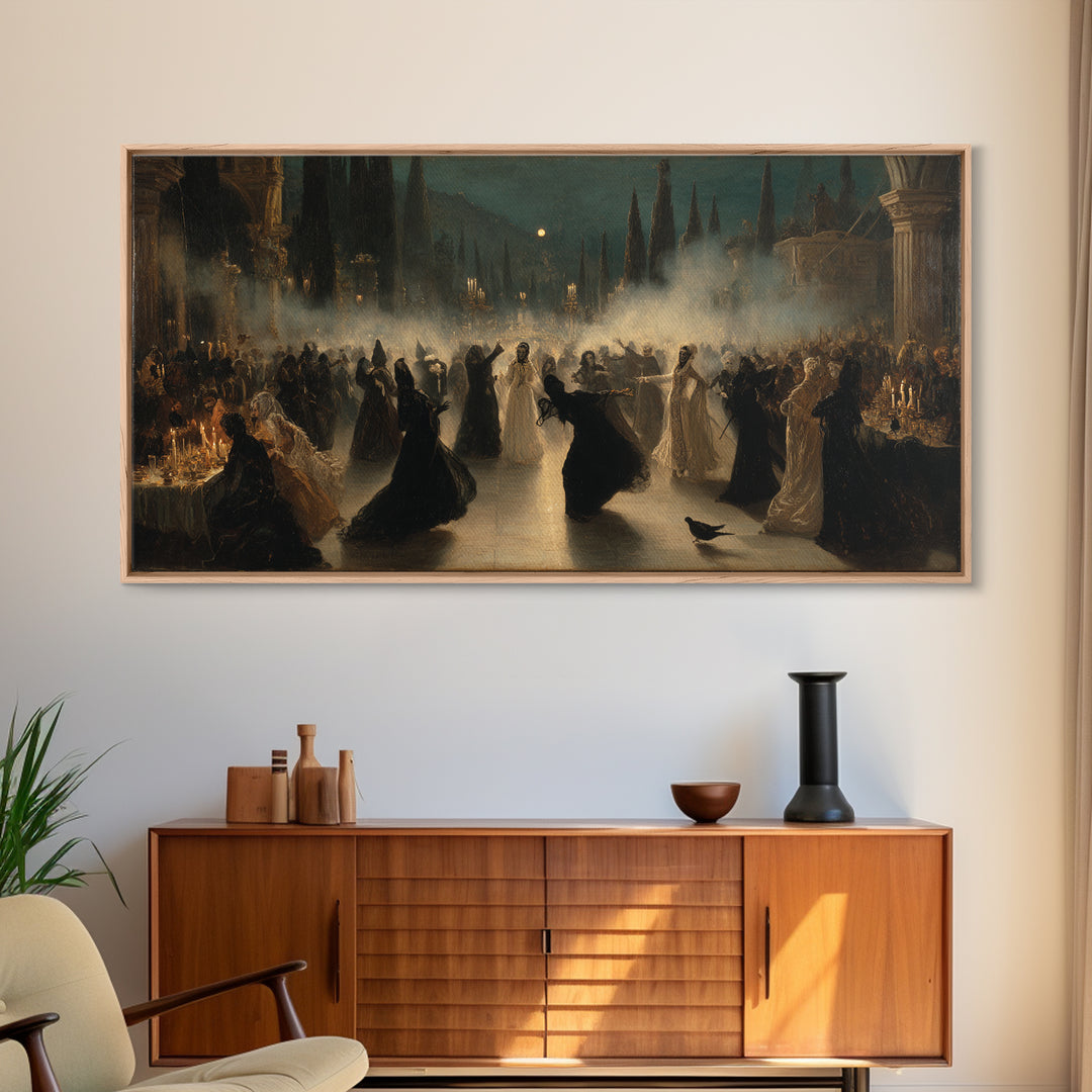The Midnight Masquerade, Symbolist Gothic Landscape, Wide Panoramic Art, Dark Fantasy Wall Art, Canvas Print, Halloween Wall Art