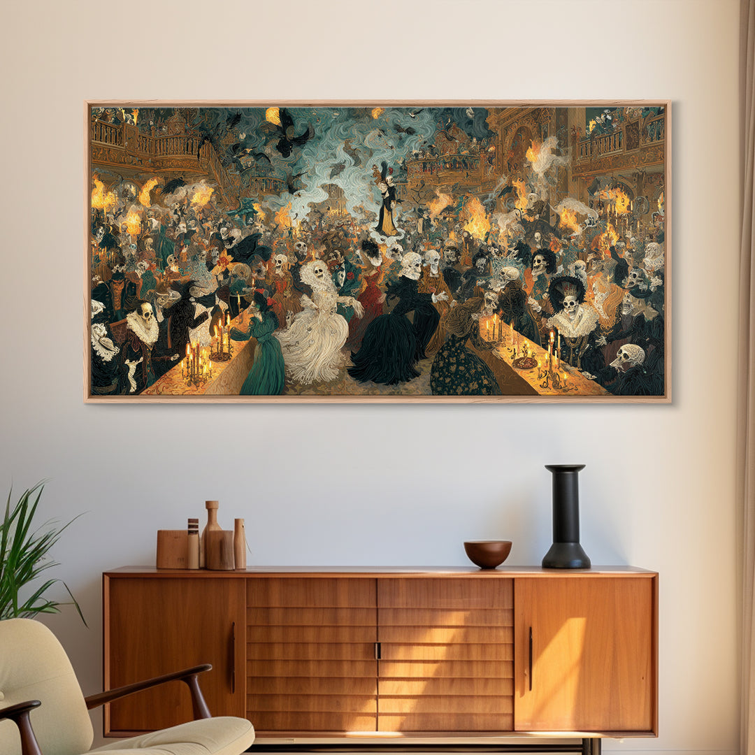 The Midnight Masquerade, Grotesque Carnival Art, Wide Panoramic Art, Dark Fantasy Wall Art, Framed Canvas Print, Halloween Wall Art
