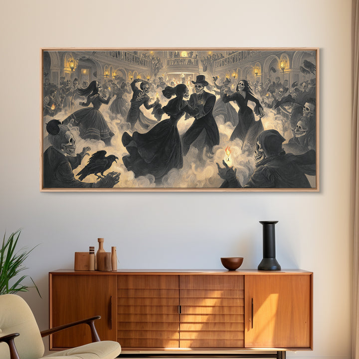 The Midnight Masquerade, Macabre Folk Print Art, Wide Panoramic Art, Gothic Horror Wall Art, Framed Canvas Print