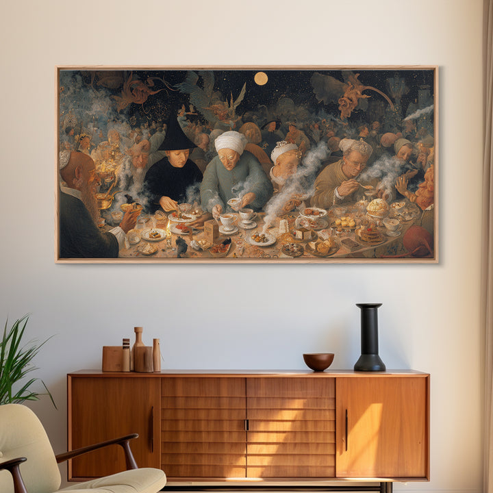 The Witches' Tea Party, Medieval Grotesque Art, Wide Panoramic Art, Macabre Wall Art, Canvas Print, Halloween Wall Art