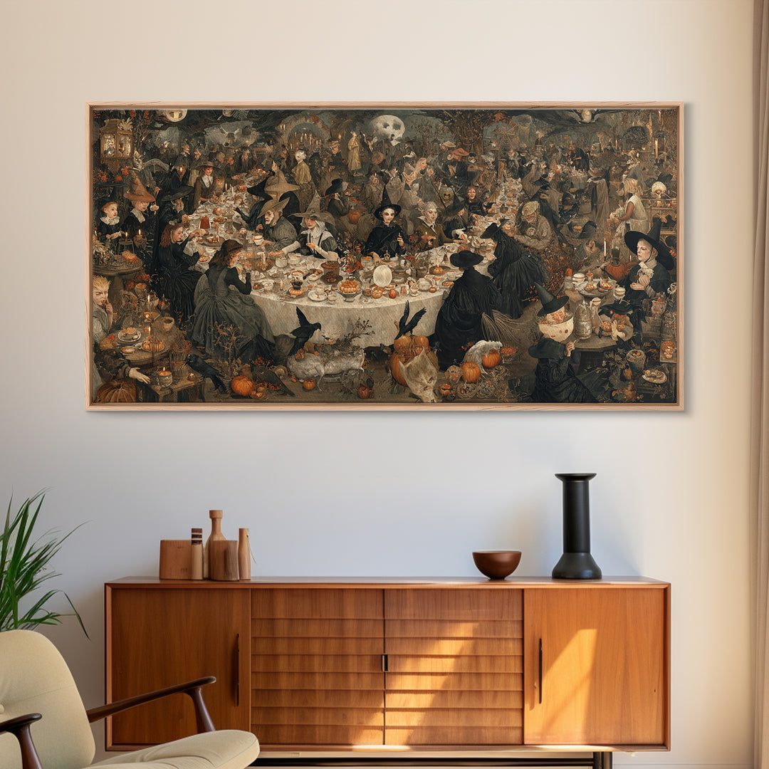 The Witches' Tea Party, Northern Renaissance Horror, Wide Panoramic Art, Gothic Horror Wall Art, Framed Canvas Print