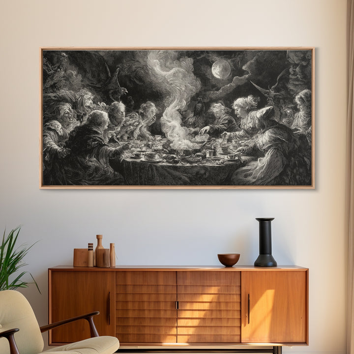 The Witches' Tea Party, Baroque Witchcraft Art, Wide Panoramic Art, Dark Halloween Decor, Canvas Print, Halloween Wall Art