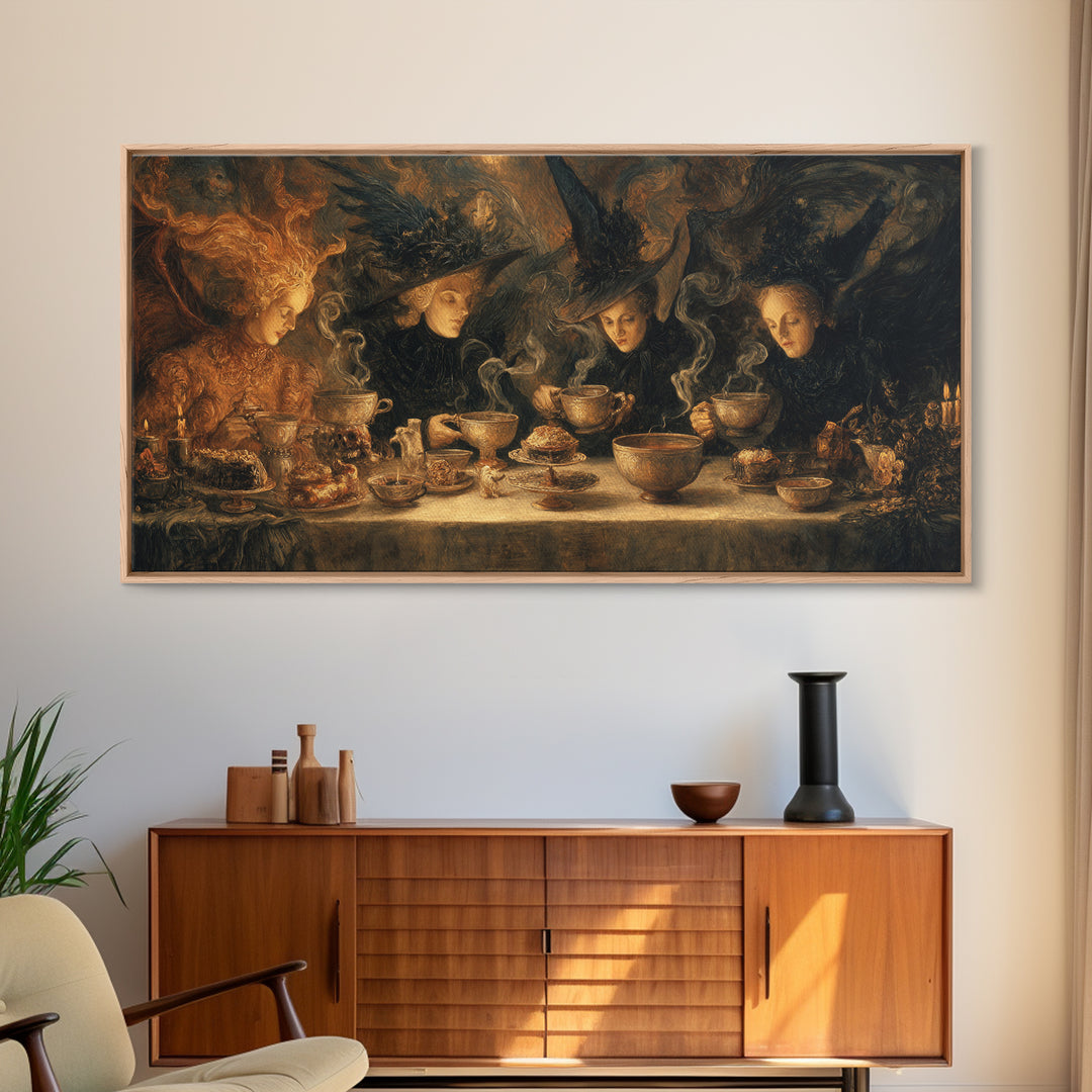 The Witches' Tea Party, Visionary Gothic Art, Wide Panoramic Art, Macabre Wall Art, Framed Canvas Print, Halloween Wall Art
