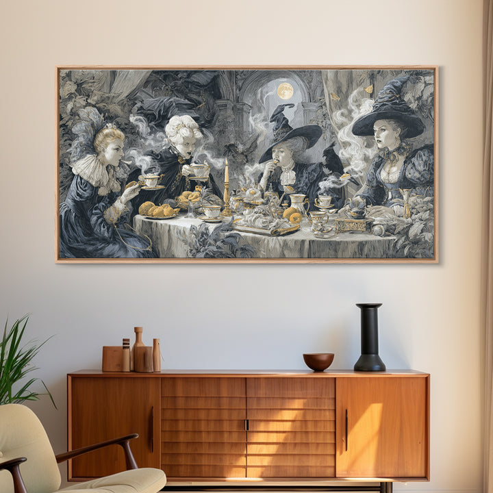 The Witches' Tea Party, Architectural Etching Art, Wide Panoramic Art, Dark Halloween Decor, Canvas Print, Halloween Wall Art