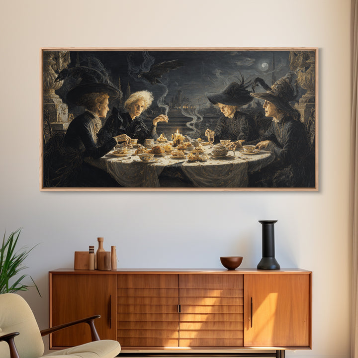 The Witches' Tea Party, Romantic Gothic Landscape, Wide Panoramic Art, Dark Fantasy Wall Art, Framed Canvas Print