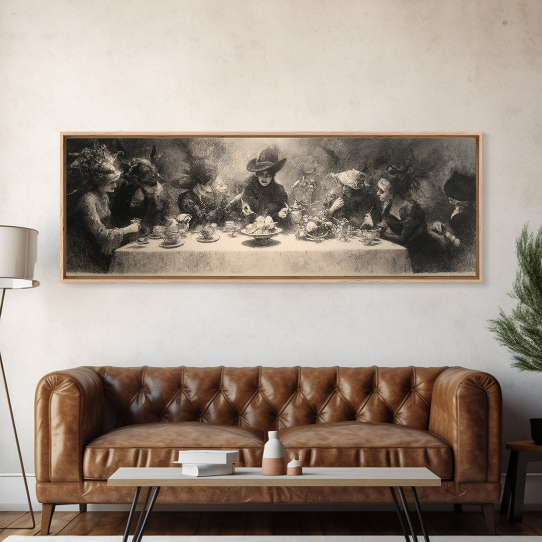 The Witches' Tea Party, Symbolist Dream Art, Extra Wide Wall Art, Gothic Horror Wall Art, Canvas Print, Halloween Wall Art