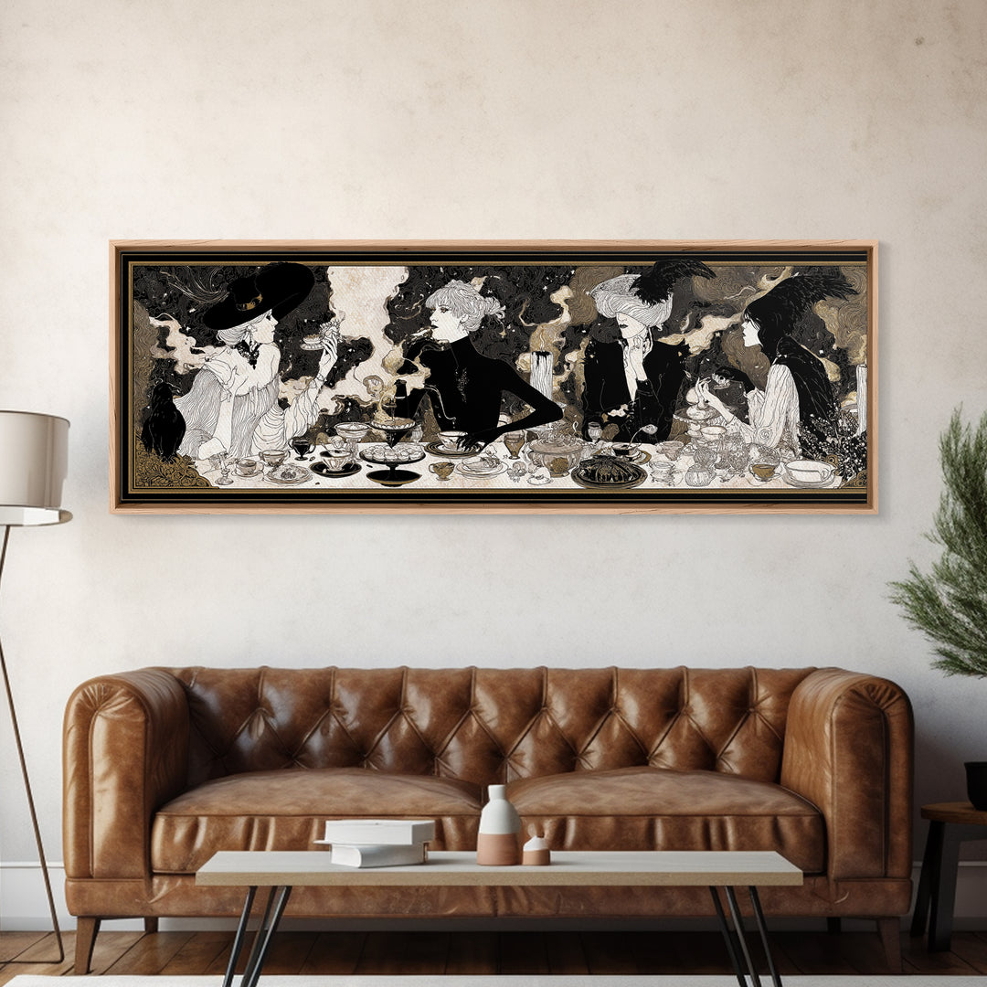 The Witches' Tea Party, Decadent Line Art, Extra Wide Wall Art, Dark Fantasy Wall Art, Framed Canvas Print, Halloween Wall Art