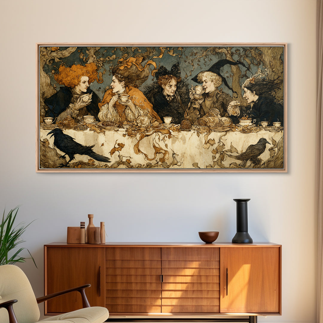 The Witches' Tea Party, Gothic Storybook Art, Wide Panoramic Art, Dark Halloween Decor, Framed Canvas Print, Halloween Wall Art