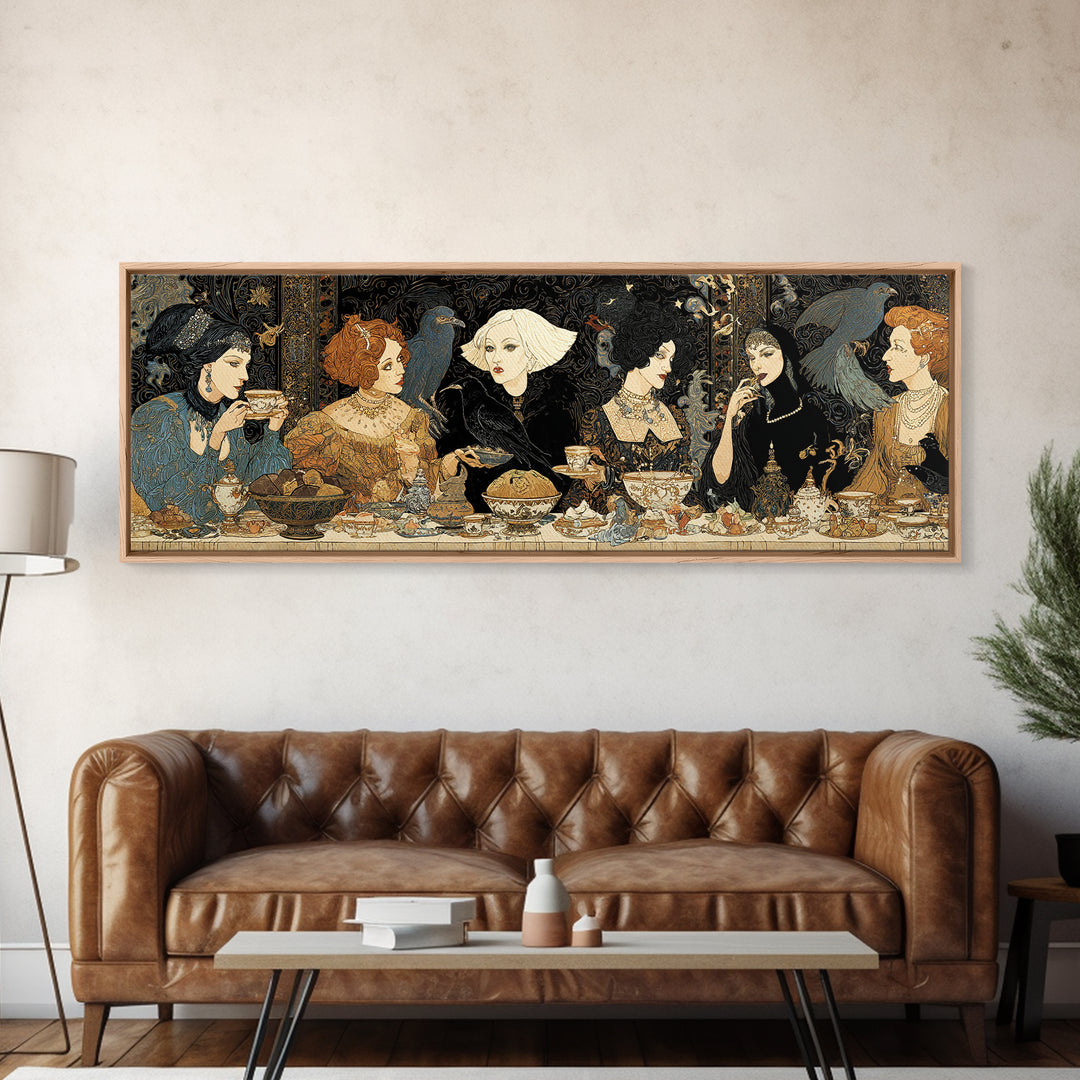 The Witches' Tea Party, Stained Glass Gothic Art, Extra Wide Wall Art, Dark Fantasy Wall Art, Framed Canvas Print, Halloween Wall Art