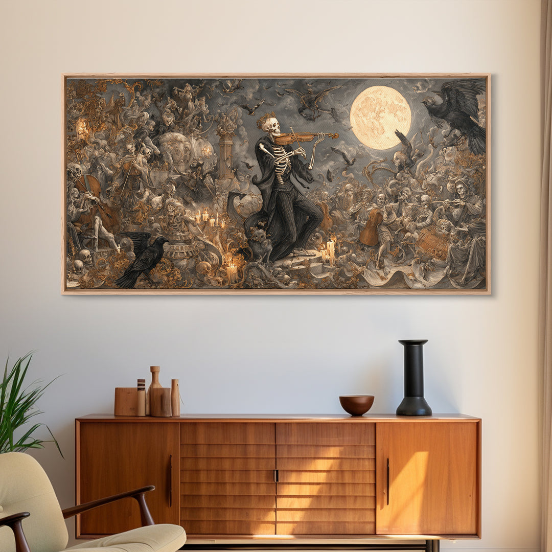 The Skeleton Orchestra, Medieval Grotesque Art, Wide Panoramic Art, Macabre Wall Art, Canvas Print, Halloween Wall Art