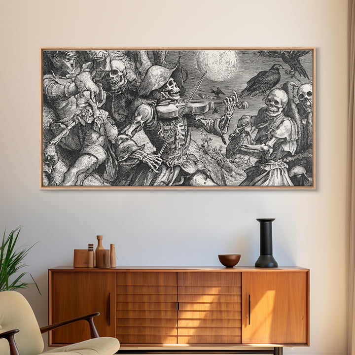 The Skeleton Orchestra, Renaissance Engraving Art, Wide Panoramic Art, Macabre Wall Art, Framed Canvas Print, Halloween Wall Art