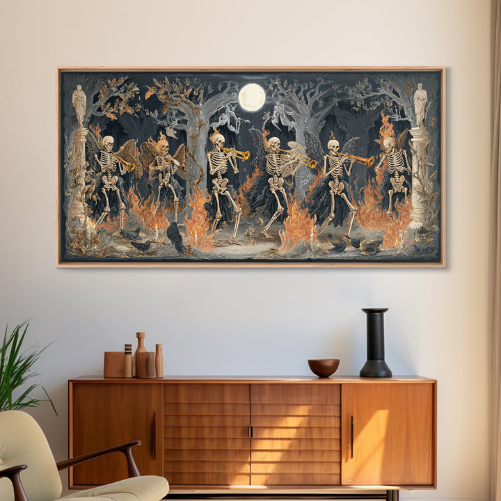 The Skeleton Orchestra, Visionary Gothic Art, Wide Panoramic Art, Dark Halloween Decor, Framed Canvas Print, Halloween Wall Art