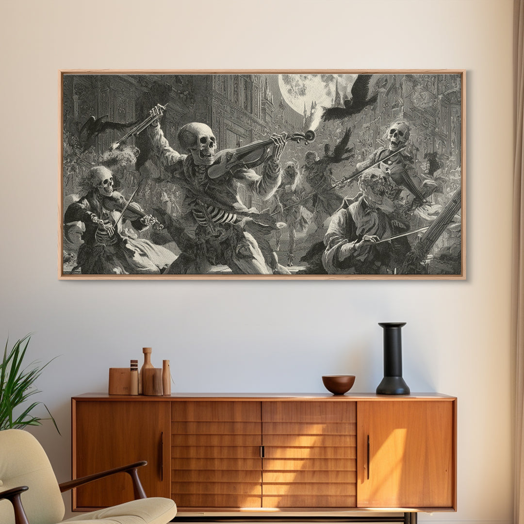 The Skeleton Orchestra, Architectural Etching Art, Wide Panoramic Art, Dark Halloween Decor, Framed Canvas Print