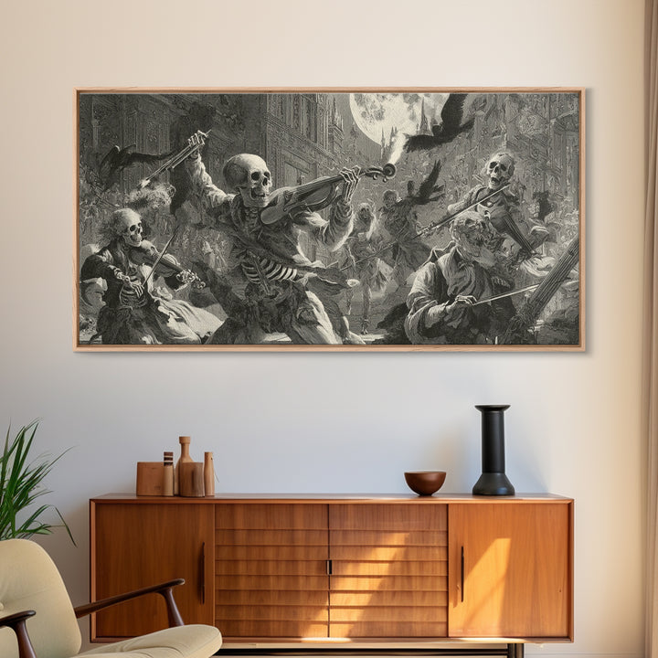The Skeleton Orchestra, Architectural Etching Art, Wide Panoramic Art, Dark Halloween Decor, Framed Canvas Print