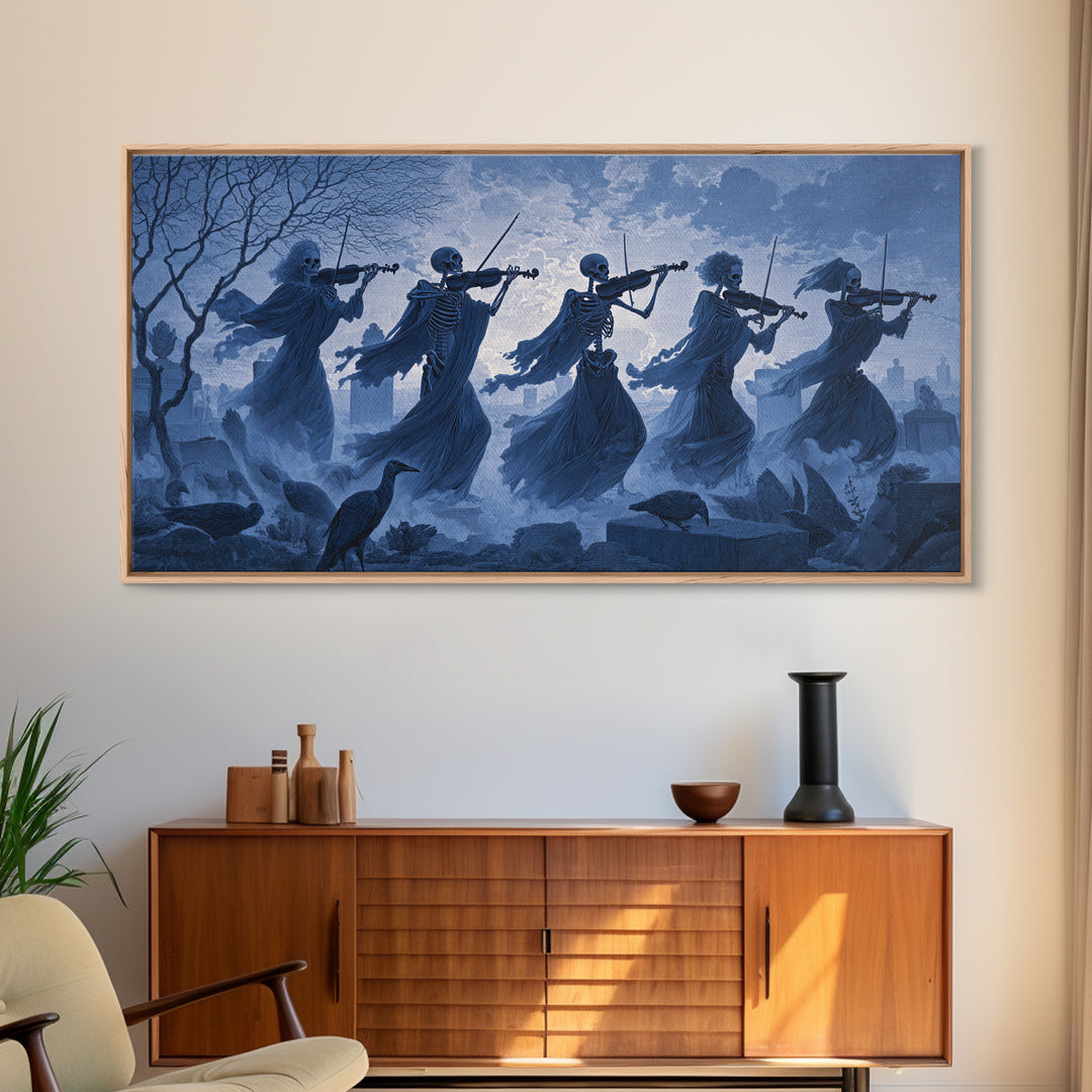 The Skeleton Orchestra, Romantic Gothic Landscape, Wide Panoramic Art, Dark Halloween Decor, Canvas Print, Halloween Wall Art