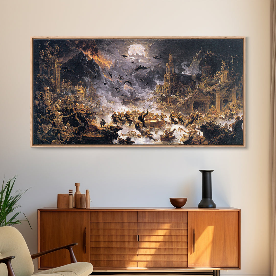 The Skeleton Orchestra, Apocalyptic Romantic Art, Wide Panoramic Art, Gothic Horror Wall Art, Framed Canvas Print, Halloween Wall Art