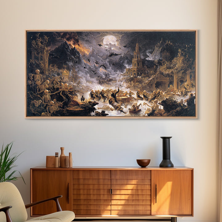 The Skeleton Orchestra, Apocalyptic Romantic Art, Wide Panoramic Art, Gothic Horror Wall Art, Framed Canvas Print, Halloween Wall Art