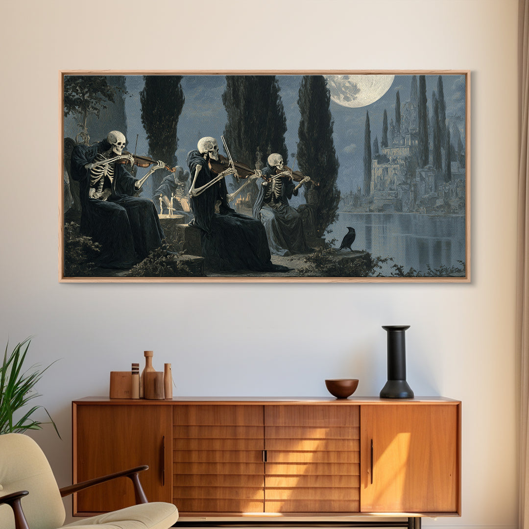 The Skeleton Orchestra, Symbolist Gothic Landscape, Wide Panoramic Art, Dark Halloween Decor, Canvas Print, Halloween Wall Art