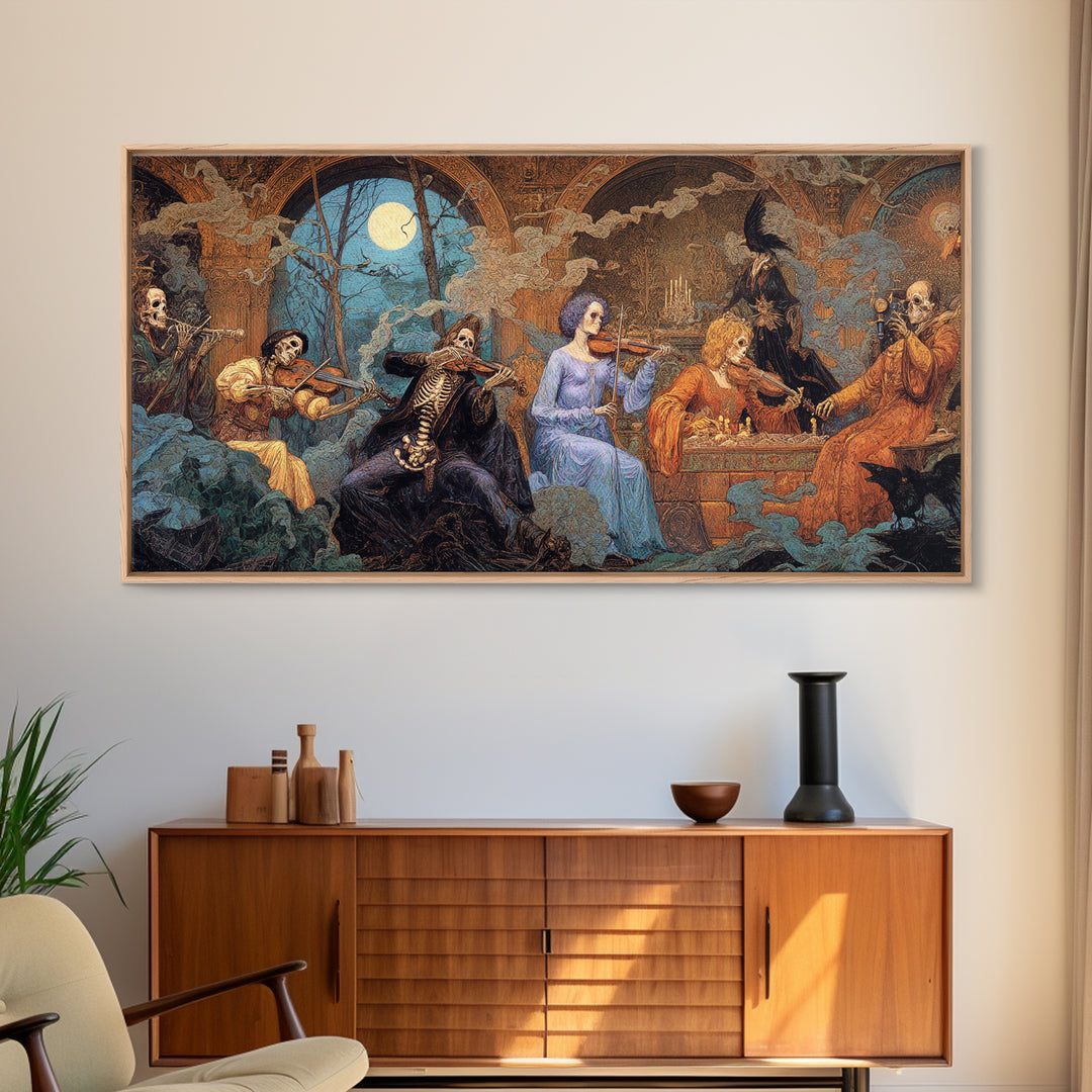 The Skeleton Orchestra, Ornate Symbolist Art, Wide Panoramic Art, Dark Fantasy Wall Art, Canvas Print, Halloween Wall Art