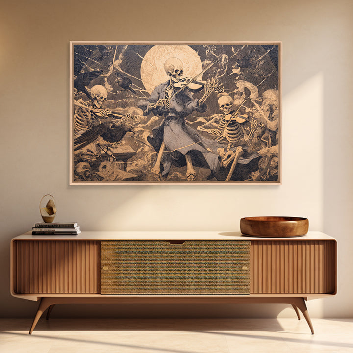 The Skeleton Orchestra, Symbolist Etching Art, Landscape Wall Art, Macabre Wall Art, Framed Canvas Print, Halloween Wall Art