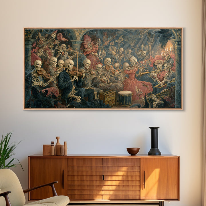 The Skeleton Orchestra, Grotesque Carnival Art, Wide Panoramic Art, Dark Fantasy Wall Art, Canvas Print, Halloween Wall Art