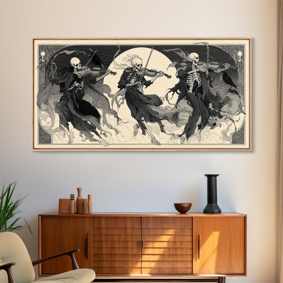 The Skeleton Orchestra, Decadent Line Art, Wide Panoramic Art, Gothic Horror Wall Art, Framed Canvas Print, Halloween Wall Art