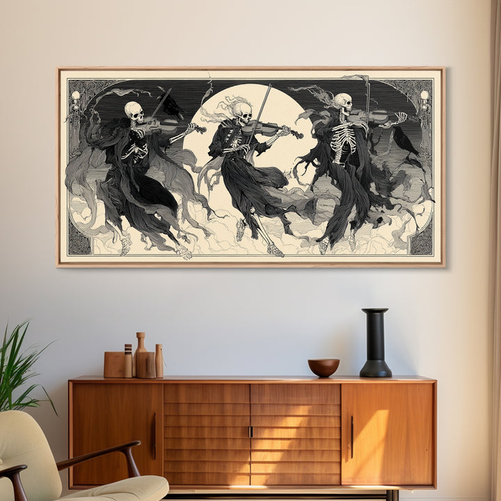 The Skeleton Orchestra, Decadent Line Art, Wide Panoramic Art, Gothic Horror Wall Art, Framed Canvas Print, Halloween Wall Art