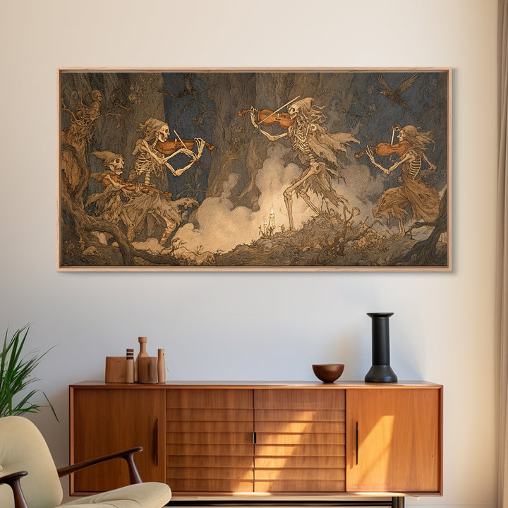 The Skeleton Orchestra, Gothic Storybook Art, Wide Panoramic Art, Dark Fantasy Wall Art, Framed Canvas Print, Halloween Wall Art