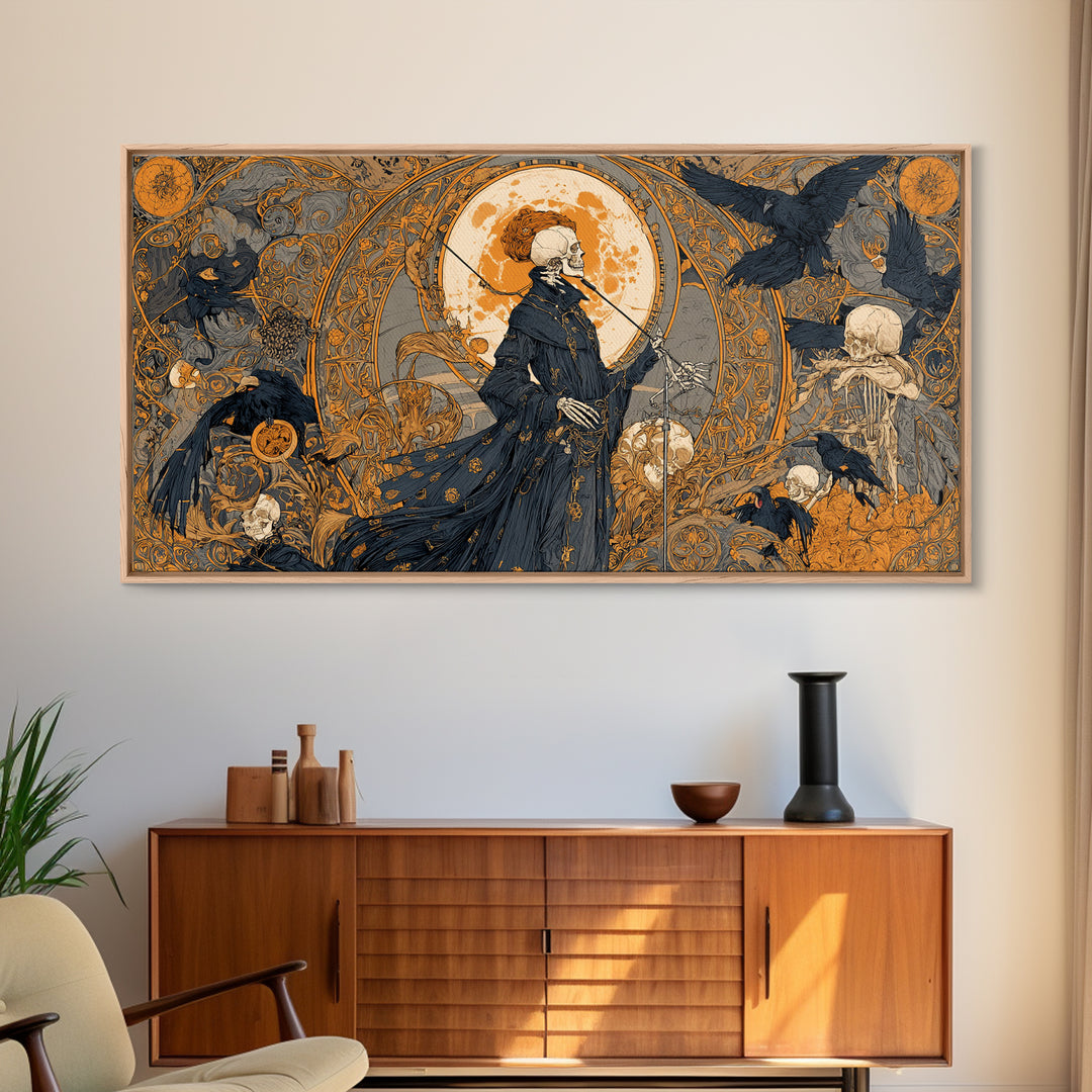 The Skeleton Orchestra, Stained Glass Gothic Art, Wide Panoramic Art, Gothic Horror Wall Art, Canvas Print, Halloween Wall Art