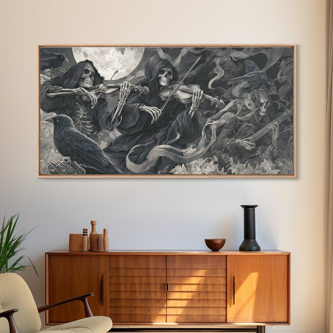 The Skeleton Orchestra, Biomechanical Horror Art, Wide Panoramic Art, Macabre Wall Art, Framed Canvas Print, Halloween Wall Art