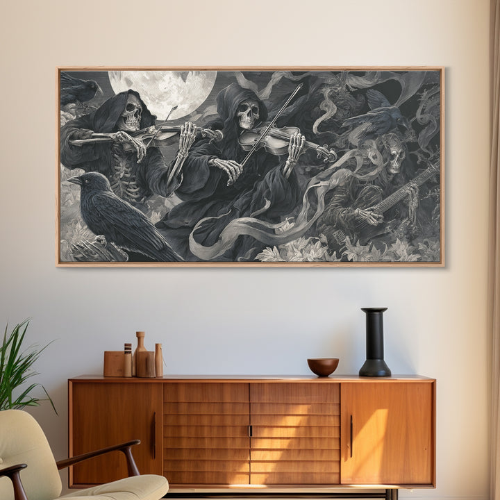 The Skeleton Orchestra, Biomechanical Horror Art, Wide Panoramic Art, Macabre Wall Art, Framed Canvas Print, Halloween Wall Art