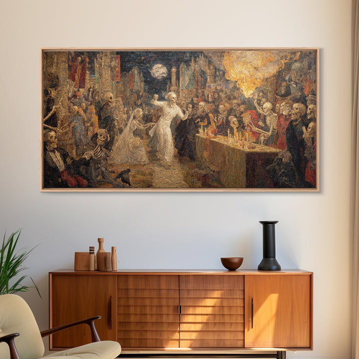 The Ghost Wedding, Grotesque Carnival Art, Wide Panoramic Art, Dark Halloween Decor, Framed Canvas Print, Halloween Wall Art