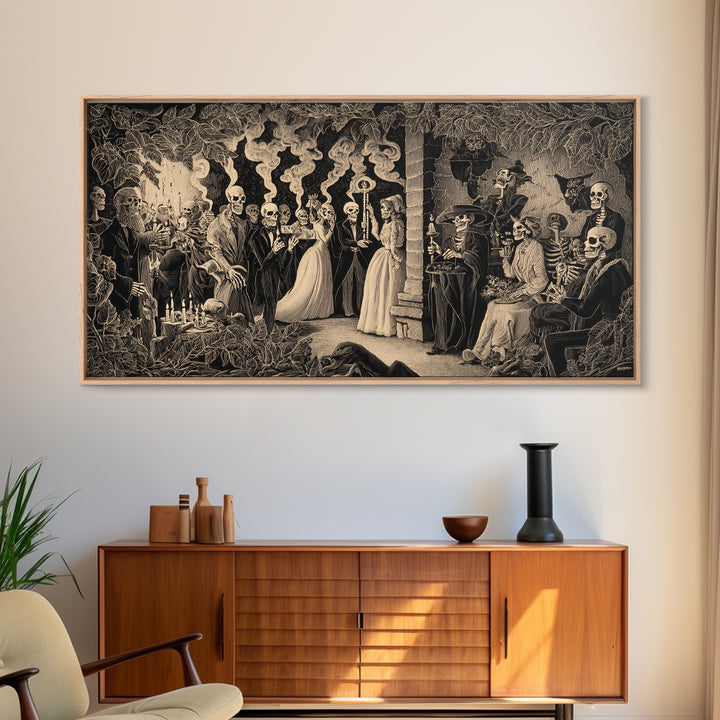 The Ghost Wedding, Macabre Folk Print Art, Wide Panoramic Art, Macabre Wall Art, Framed Canvas Print, Halloween Wall Art