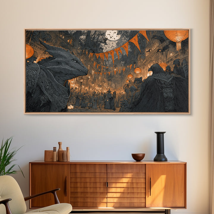 The Monster Parade, Gothic Engraving Art, Wide Panoramic Art, Dark Fantasy Wall Art, Framed Canvas Print, Halloween Wall Art